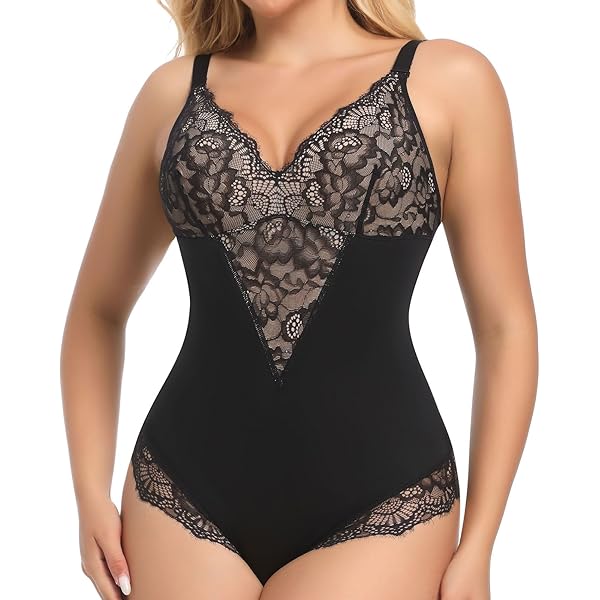 Amazon.com: Women's Lace Shapewear Bodysuit Sculpting V-Neck Tummy